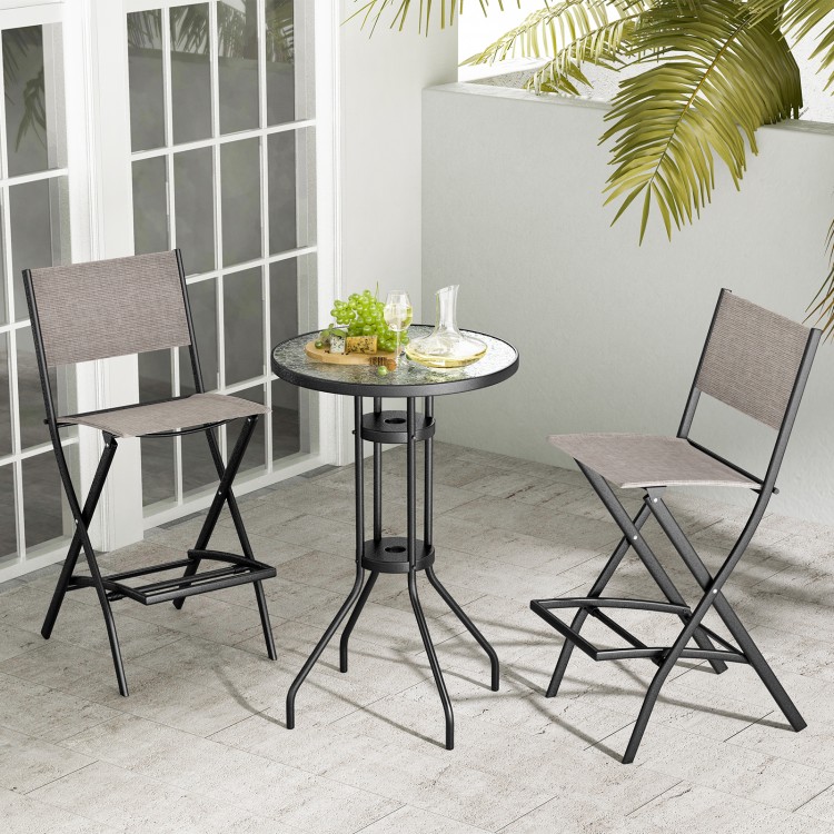 Folding bar height stool set with metal frame and footrest, perfect for outdoor relaxation and easy storage.