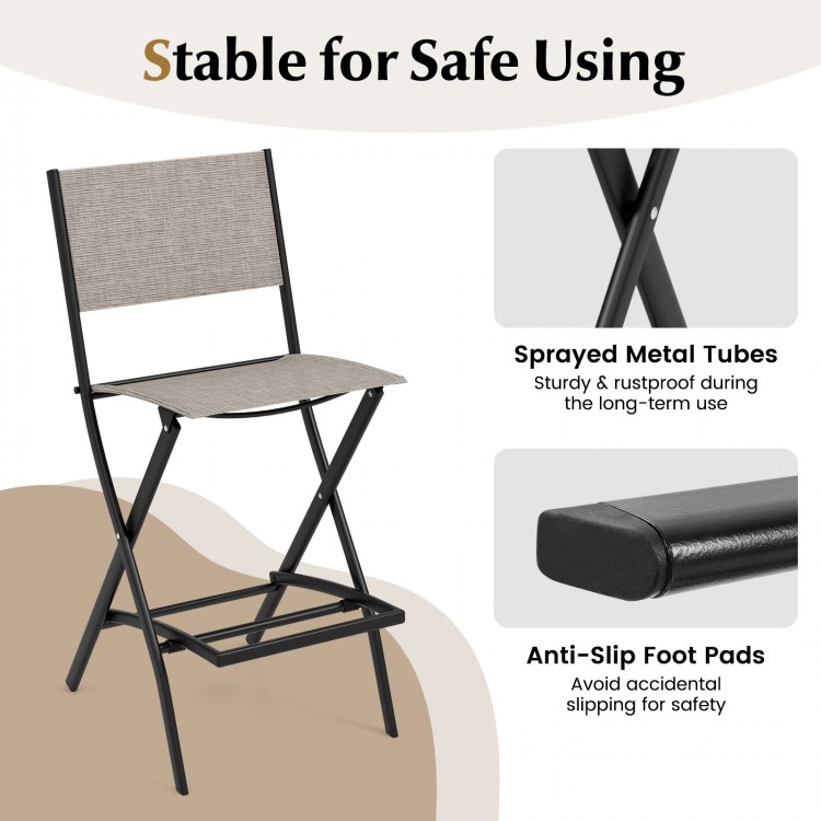 Outdoor folding bar height stool with sturdy metal frame, spacious seat, and anti-slip foot pads for safety and comfort.