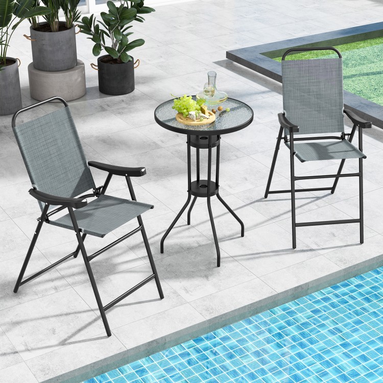 Patio folding bar stool set of 2 with metal frame, ergonomic armrests, and footrest, perfect for poolside relaxation.