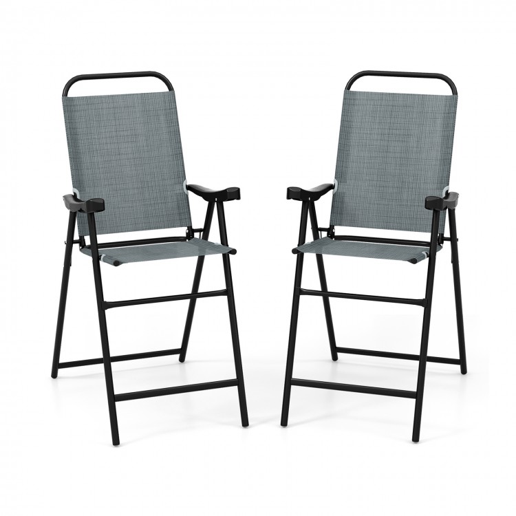 Blue patio folding bar stool set of 2 with metal frame, ergonomic armrests, and footrest for outdoor relaxation.
