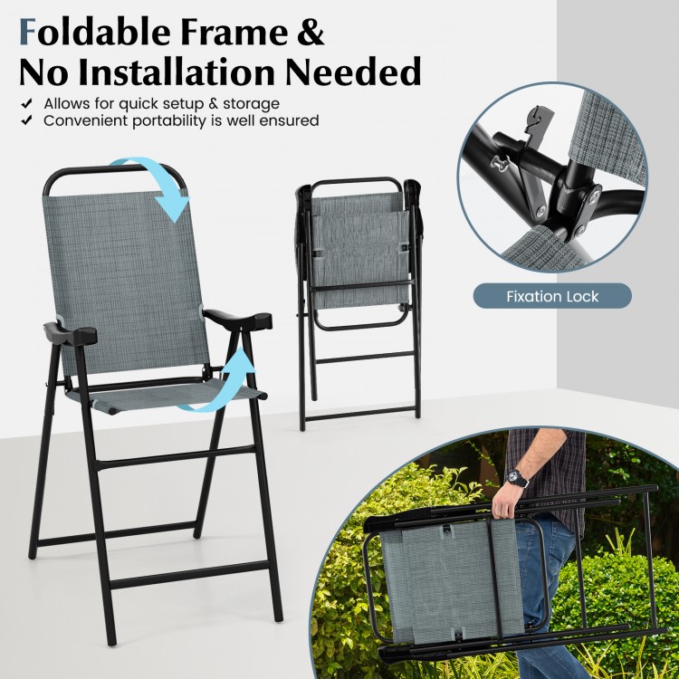 Patio folding bar stool set of 2 in blue with metal frame, ergonomic armrests, and footrest for outdoor comfort.