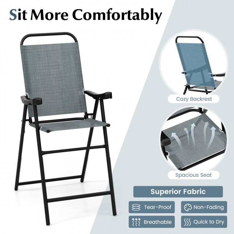 Blue patio folding bar stool with metal frame, spacious seat, and cozy backrest for comfortable outdoor seating.