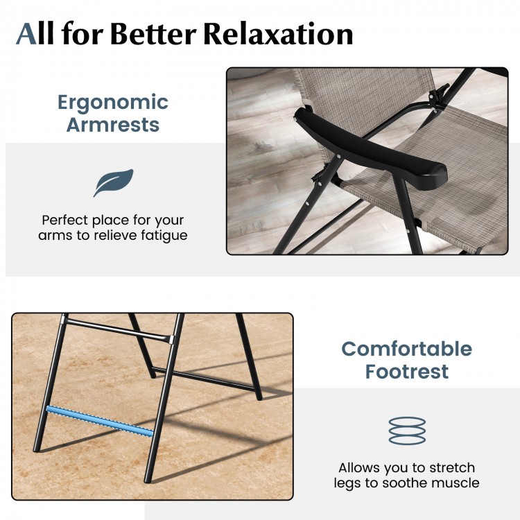 Patio folding bar stool set of 2 with ergonomic armrests and comfortable footrest, ideal for balcony or poolside.