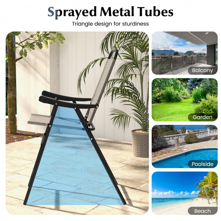 Patio folding bar stool with blue fabric and sprayed metal tubes, ideal for balcony, garden, or poolside use.