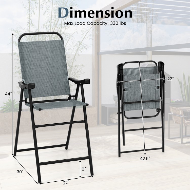 Patio folding bar stool set of 2 in blue with metal frame, featuring ergonomic armrests and footrest for comfort.