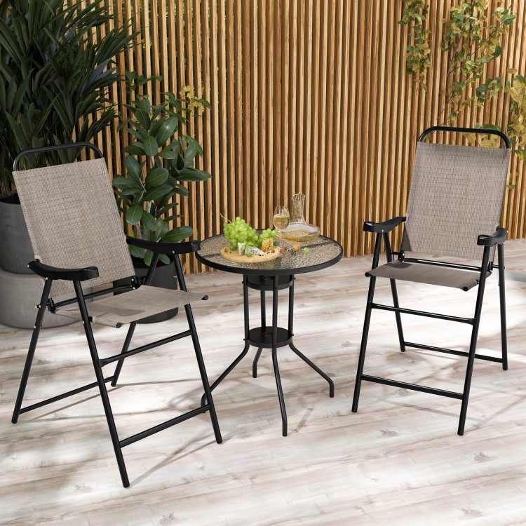 Patio folding bar stool set of 2 with metal frame, cozy backrest, and footrest, ideal for outdoor relaxation.