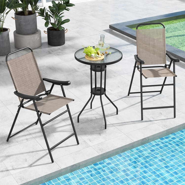 Patio folding bar stool set of 2 with metal frame, featuring a coffee color, ideal for poolside relaxation.