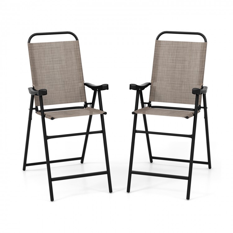 Set of 2 patio folding bar stools with metal frame, coffee color, ergonomic armrests, ideal for outdoor relaxation.