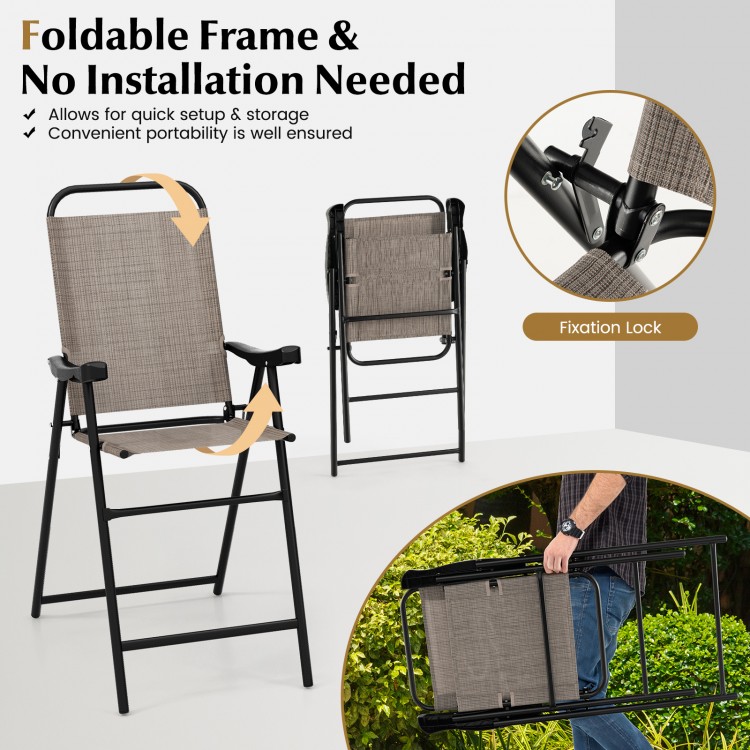Folding bar stool set of 2 with metal frame, ergonomic armrests, and footrest for easy outdoor use and storage.