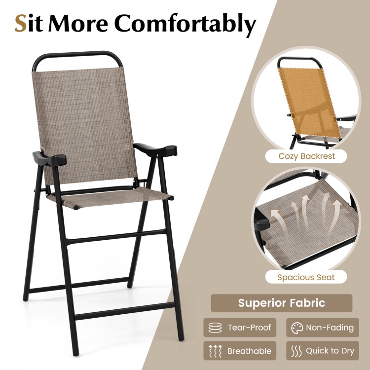 Patio folding bar stool set of 2 with metal frame, spacious seat, and cozy backrest for outdoor relaxation.