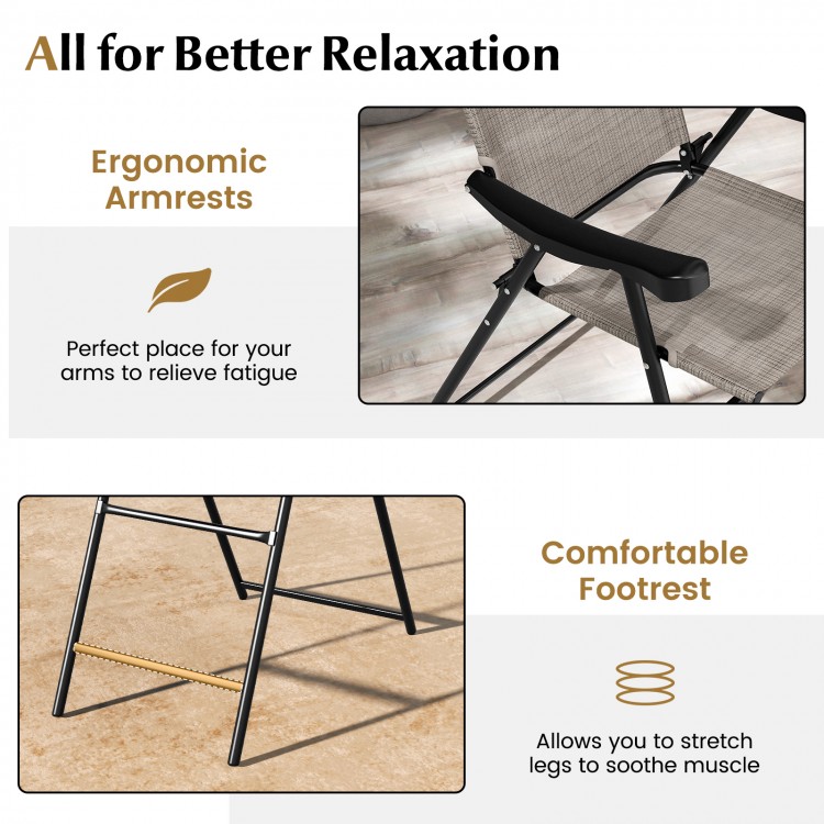 Patio folding bar stool set of 2 with ergonomic armrests and comfortable footrest for outdoor relaxation.