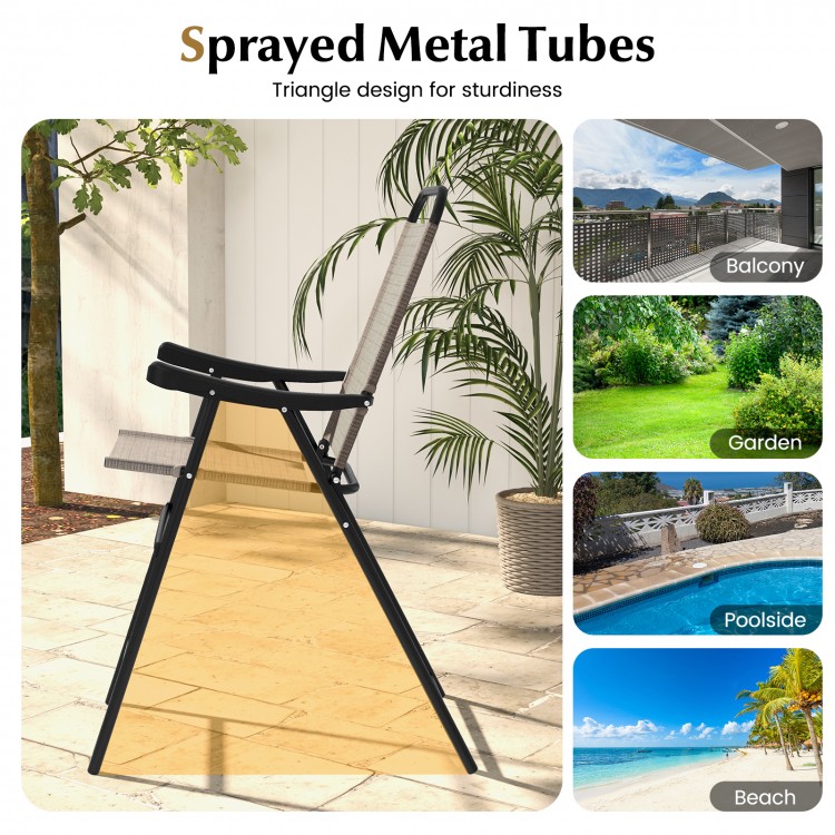 Patio folding bar stool set of 2 with sprayed metal tubes, ergonomic armrests, ideal for balcony or garden use.