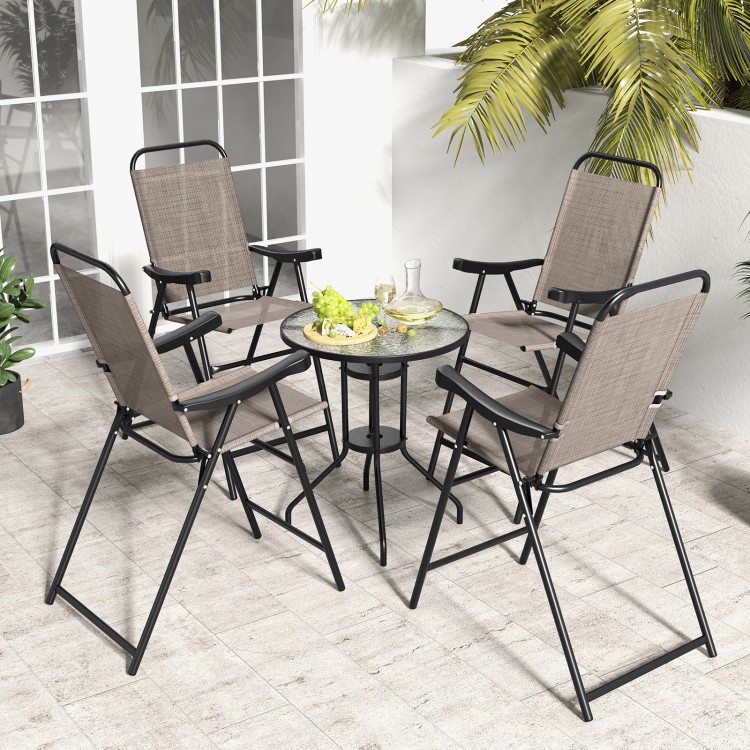 Four coffee-colored patio folding bar stools with metal frames and footrests, ideal for outdoor relaxation on the.