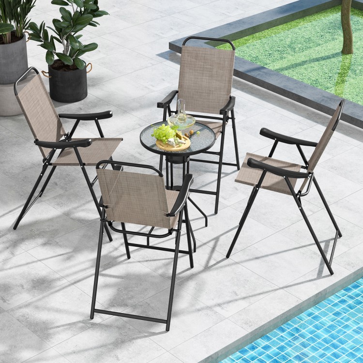 Folding bar stool set of 4 with metal frame and footrest, perfect for outdoor use on balconies or by the poolside.