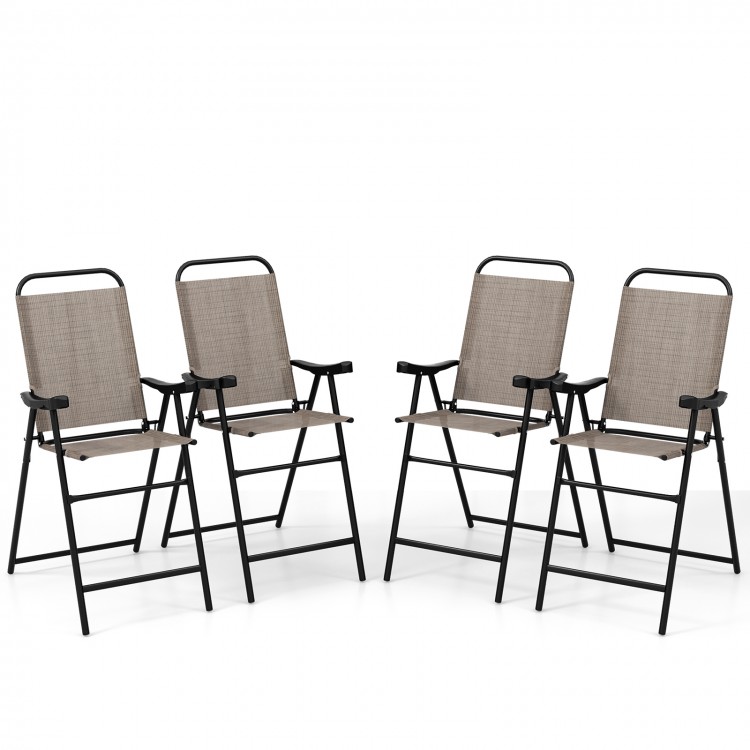 Set of 4 patio folding bar stools with metal frame and coffee fabric, ideal for outdoor use on balconies or by the.