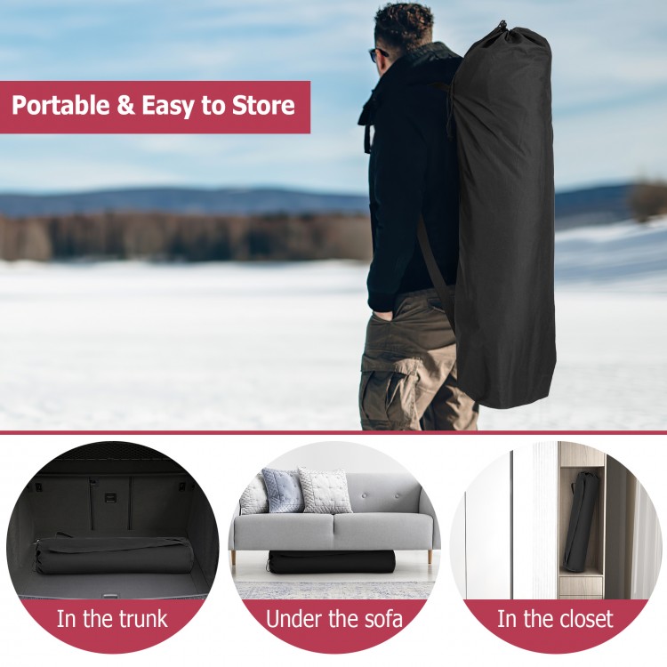 Portable 2-person ice shanty with cotton padded walls, waterproof fabric, and easy storage for ice fishing trips.