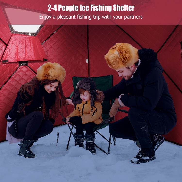 Portable 2-person ice fishing shelter in red with cotton padded walls, ideal for warm, enjoyable fishing trips.