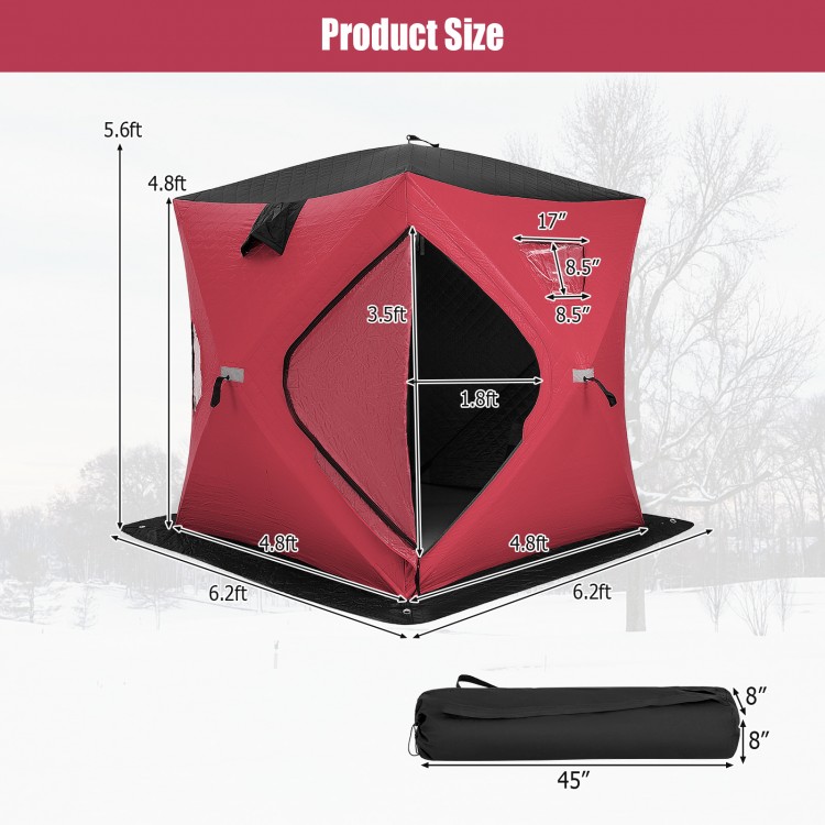 Portable 2 person ice shanty in red with cotton padded walls, featuring pop-up design and waterproof 300D oxford fabric.
