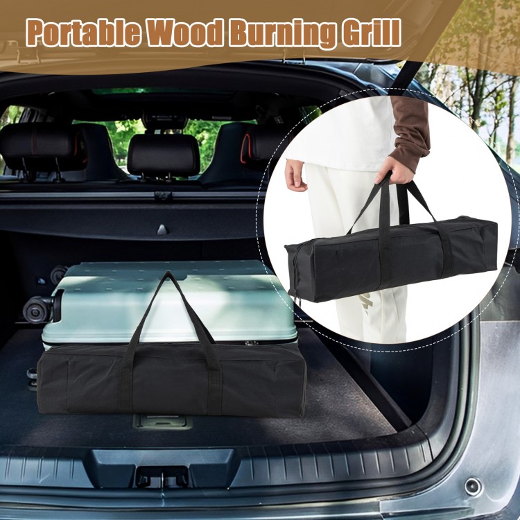 Portable 3-in-1 camping grill in carrying bag, featuring stainless steel construction and aluminum legs for easy.