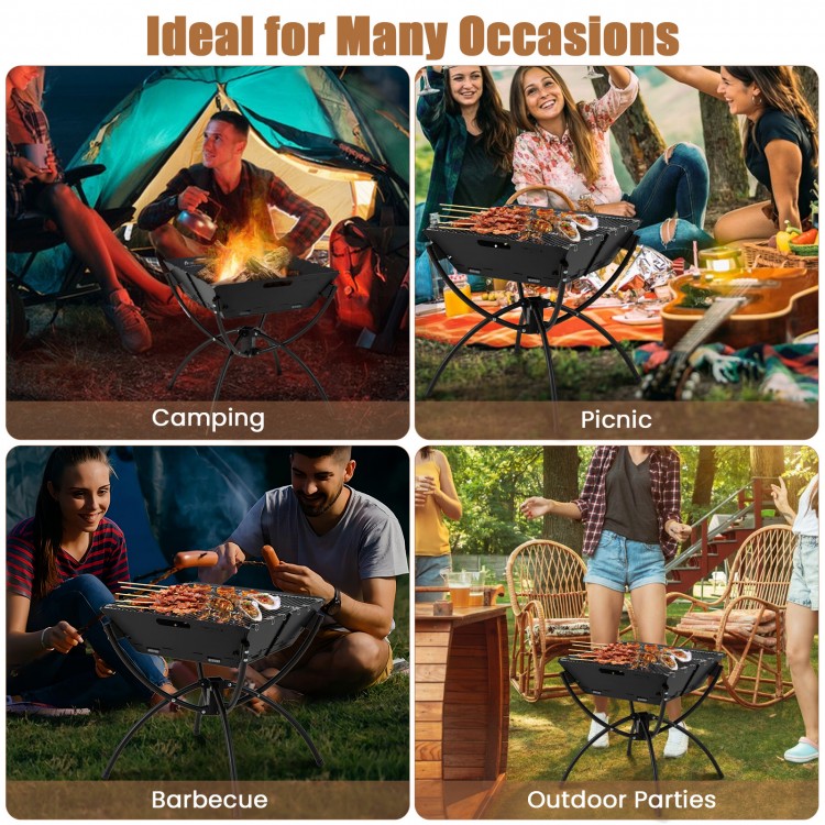 3-in-1 camping grill with stainless steel grills, shown in use at a barbecue, featuring a collapsible design and.