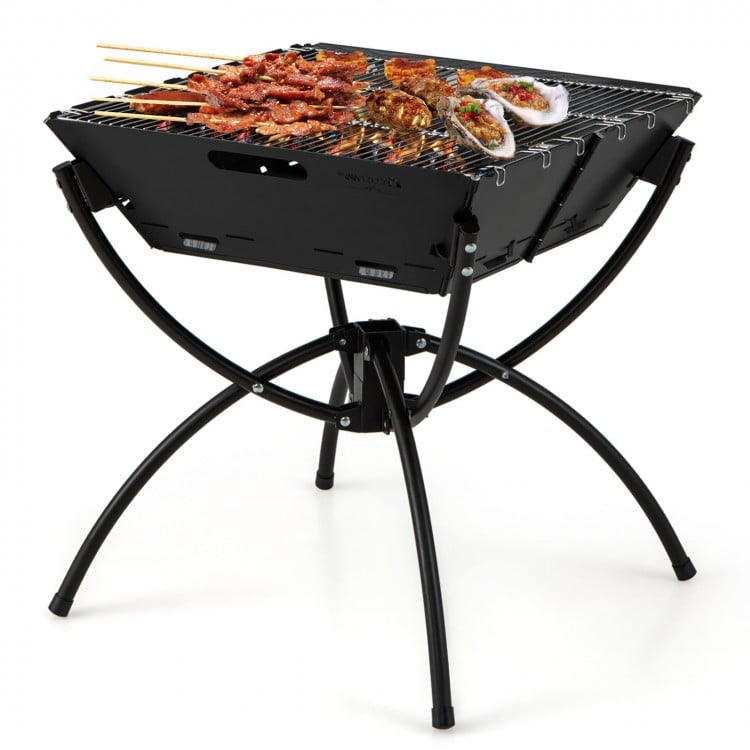 3-in-1 camping grill with stainless steel grates, featuring a collapsible design and aluminum legs for easy transport.