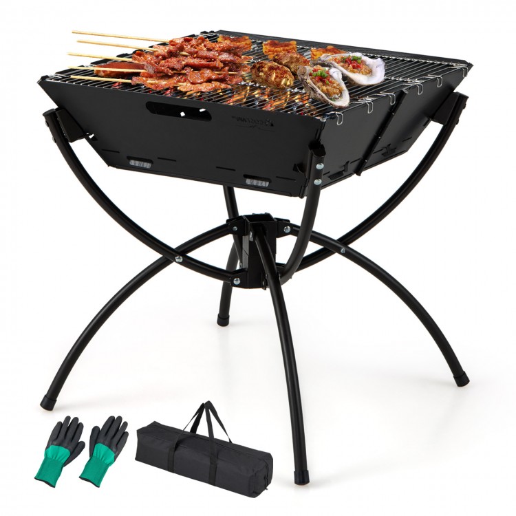 3-in-1 camping grill with stainless steel grills, collapsible design, and carrying bag for BBQ and campfire use.