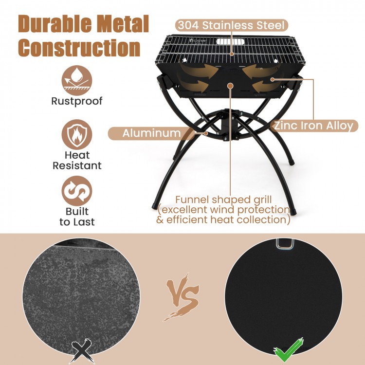 3-in-1 camping grill with stainless steel and zinc alloy, featuring collapsible design and aluminum legs for easy.