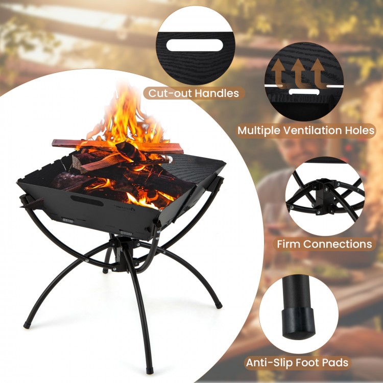 Camping campfire grill with stainless steel construction, featuring cut-out handles and multiple ventilation holes for.