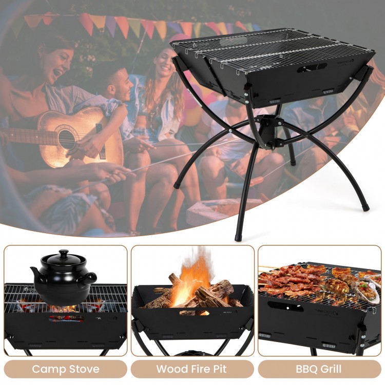 3-in-1 camping grill in black, featuring stainless steel grills, collapsible design, and included carrying bag for easy.