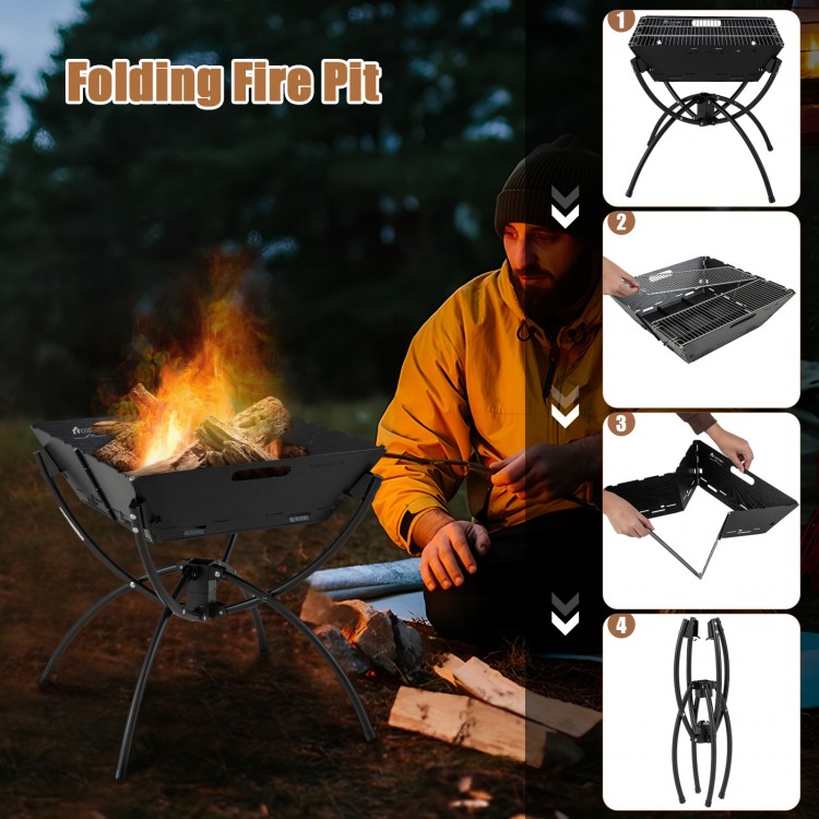 3-in-1 Camping Campfire Grill with Stainless Steel Grills Carrying Bag & Gloves - Gallery View 9 of 11