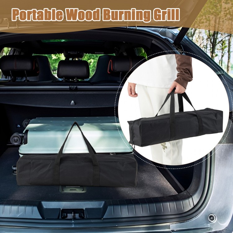Portable wood burning grill in carrying bag, featuring stainless steel construction and aluminum legs for camping and.