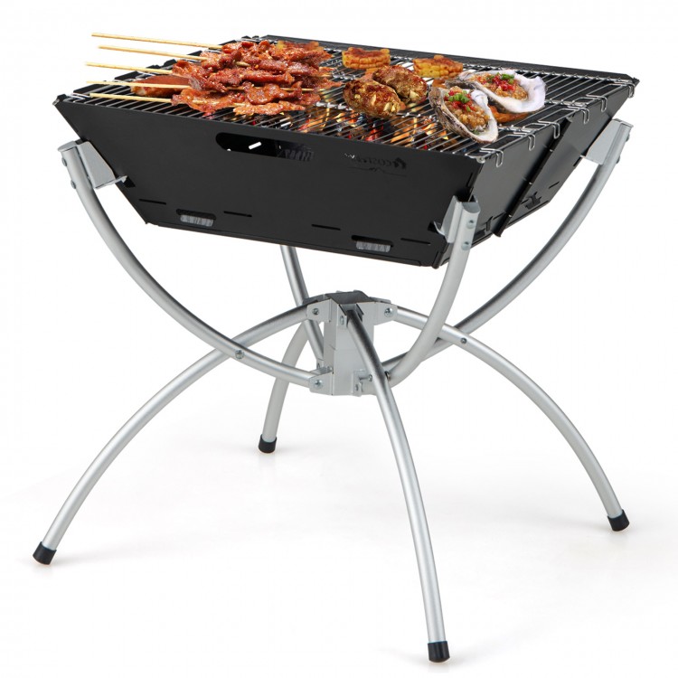 Collapsible 3-in-1 camping grill with stainless steel grills, showcasing BBQ meats, ideal for outdoor cooking.