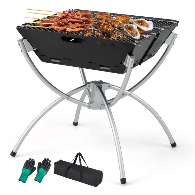 3-in-1 camping grill with stainless steel grills, aluminum legs, and carrying bag, ideal for BBQ and campfire cooking.