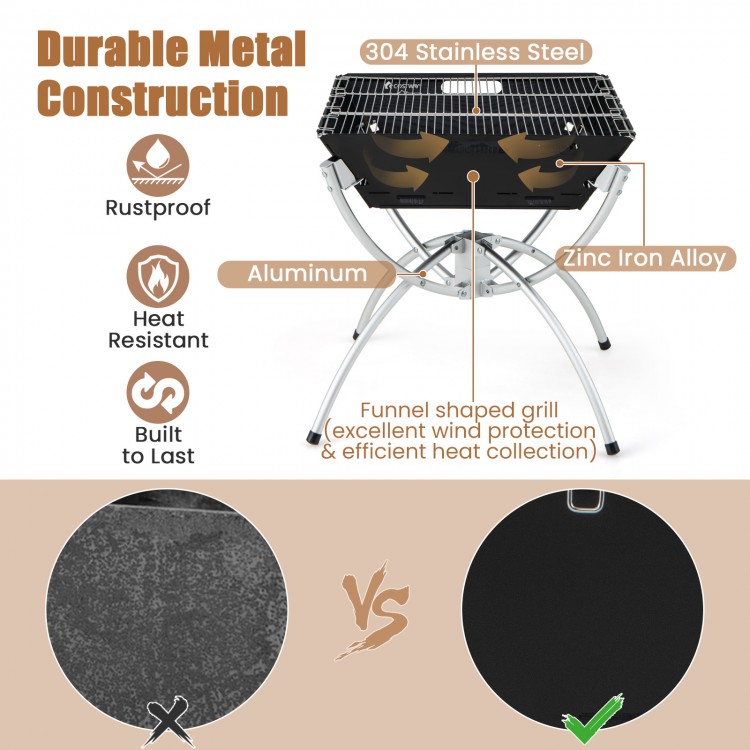 3-in-1 camping grill with stainless steel construction and aluminum legs, perfect for BBQ and campfire cooking.