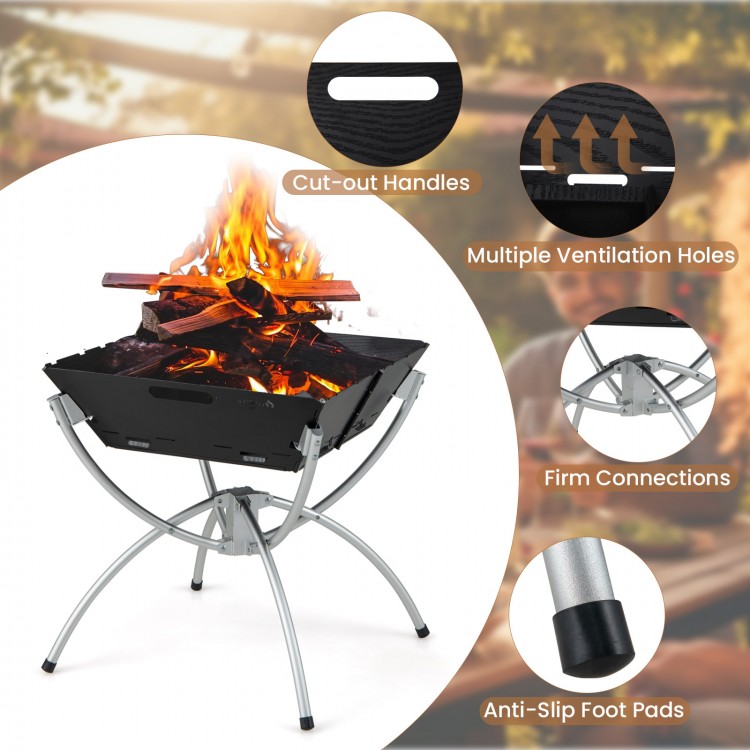 3-in-1 camping campfire grill with stainless steel construction, featuring cut-out handles and anti-slip foot pads for.
