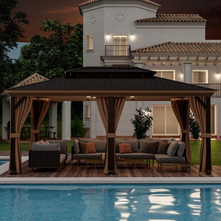 Double-roof hardtop gazebo with galvanized steel roof, featuring privacy curtains and seating area by the pool.