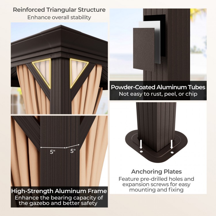 Reinforced triangular structure and powder-coated aluminum tubes of the 12' x 20' hardtop gazebo for enhanced stability.