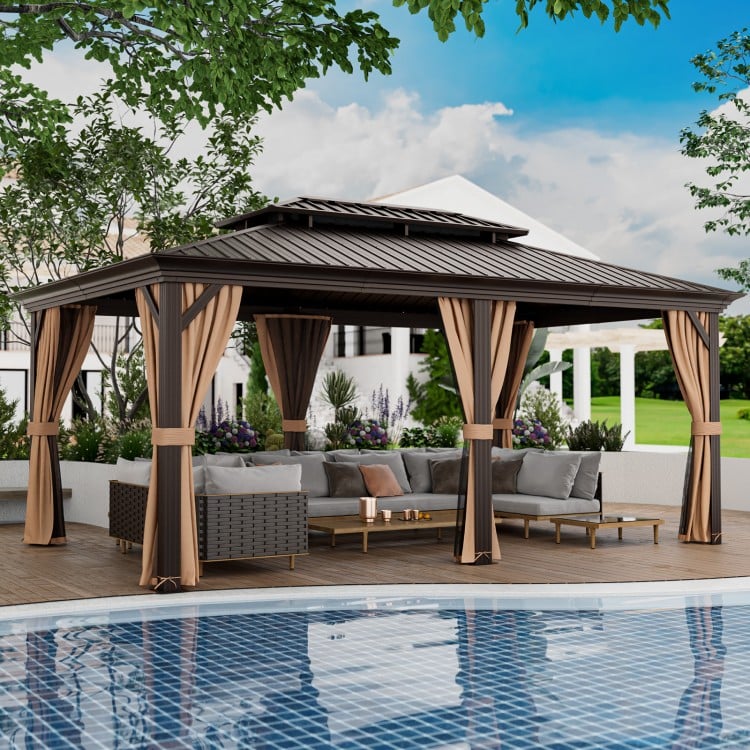 Double-roof hardtop gazebo with galvanized steel roof, featuring curtains and netting, perfect for outdoor relaxation.