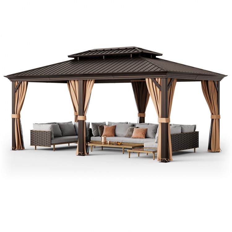 Double-roof hardtop gazebo with galvanized steel roof, featuring aluminum columns and privacy curtains for outdoor.