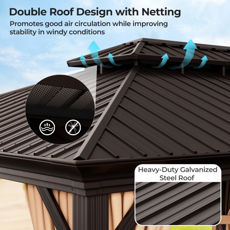 Double-roof design of the 12' x 20' gazebo with galvanized steel roof, featuring netting for ventilation and stability.