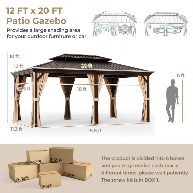 12' x 20' double-roof hardtop gazebo with galvanized steel roof, featuring privacy curtains and ventilation netting for.