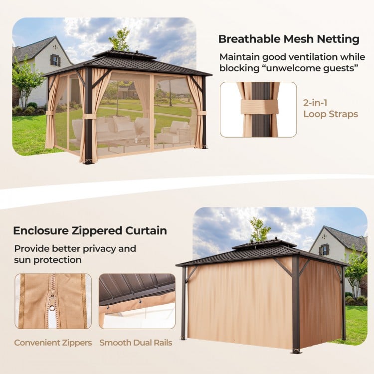 Double-roof patio gazebo with galvanized steel roof, mesh netting, and privacy curtains for outdoor comfort and.