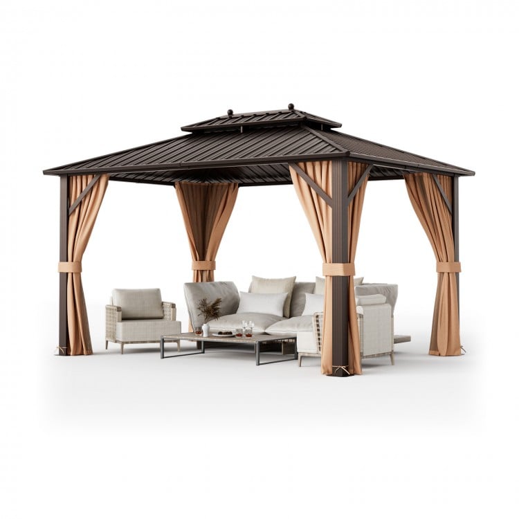 10x13ft double-roof patio hardtop gazebo with galvanized steel roof, featuring curtains and netting for outdoor comfort.