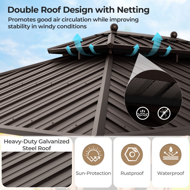 Double-roof patio gazebo with galvanized steel roof, netting, and curtains for weather resistance and ventilation.