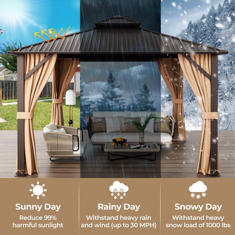 Double-roof patio gazebo with galvanized steel roof, curtains, and netting, ideal for all-season outdoor use.