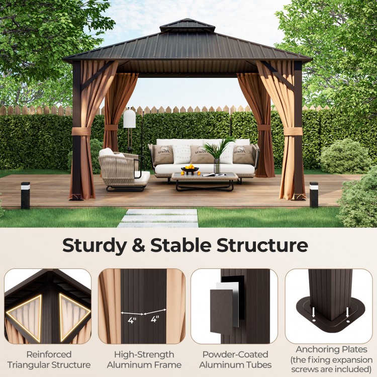 12x12 feet double-roof patio gazebo with galvanized steel roof, featuring curtains and netting for outdoor comfort.