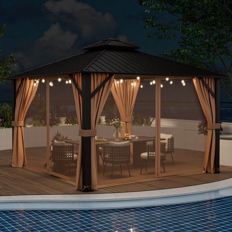 12x12 feet double-roof patio hardtop gazebo with coffee curtains and netting, ideal for outdoor dining and relaxation.