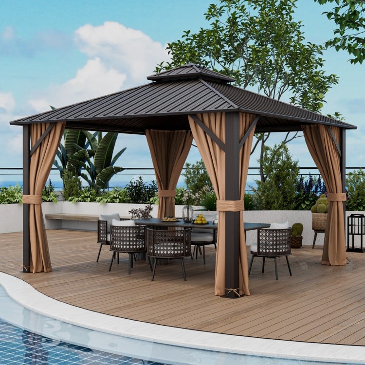 12x12 feet double-roof patio hardtop gazebo with galvanized steel roof and curtains, ideal for outdoor gatherings.