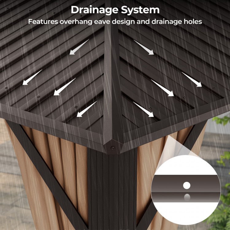 Close-up of the galvanized steel roof drainage system on a 12x12 feet double-roof patio gazebo for effective water.
