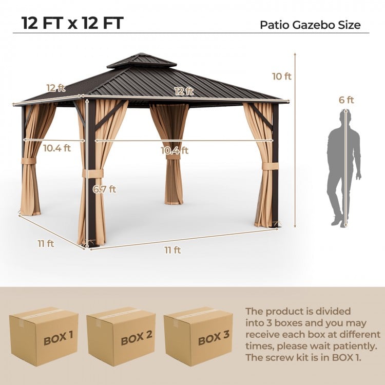 12 x 12 feet double-roof patio gazebo with galvanized steel roof, featuring curtains and netting for outdoor comfort.